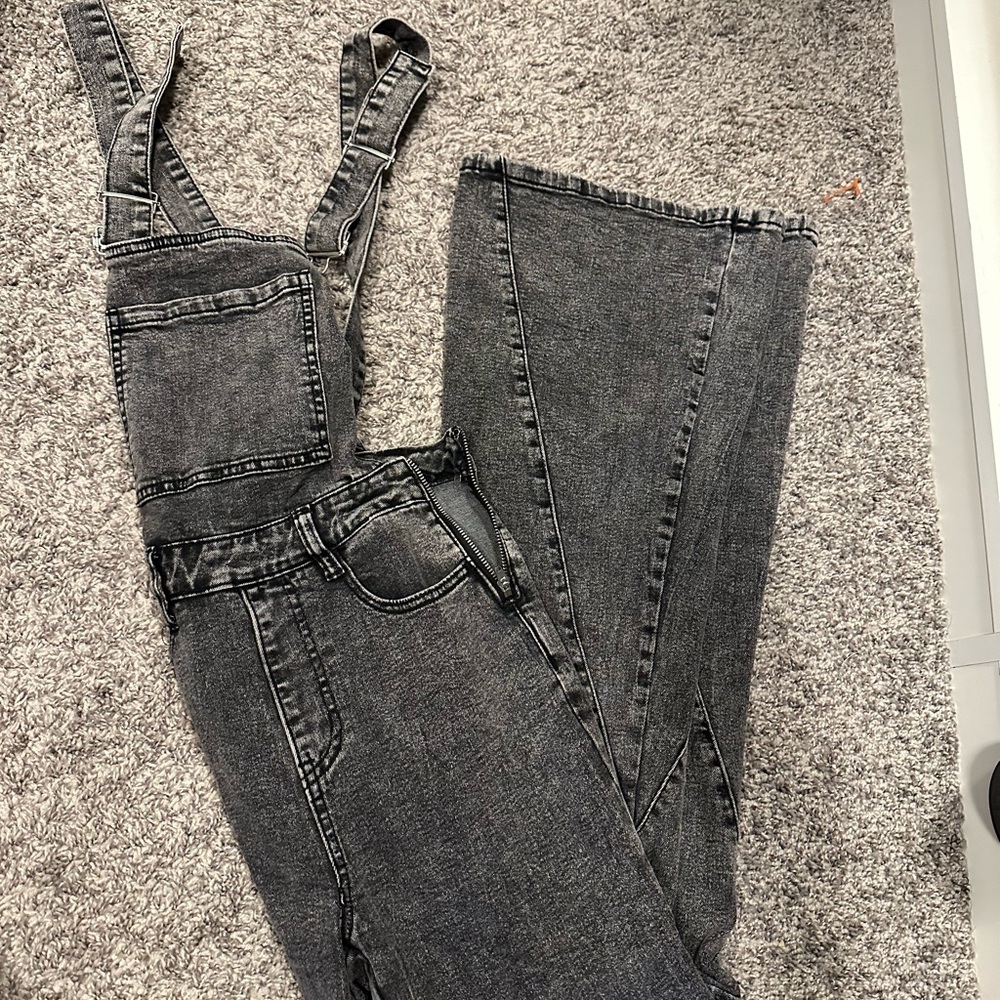 Size S La Lavon Black Distressed Denim Overalls